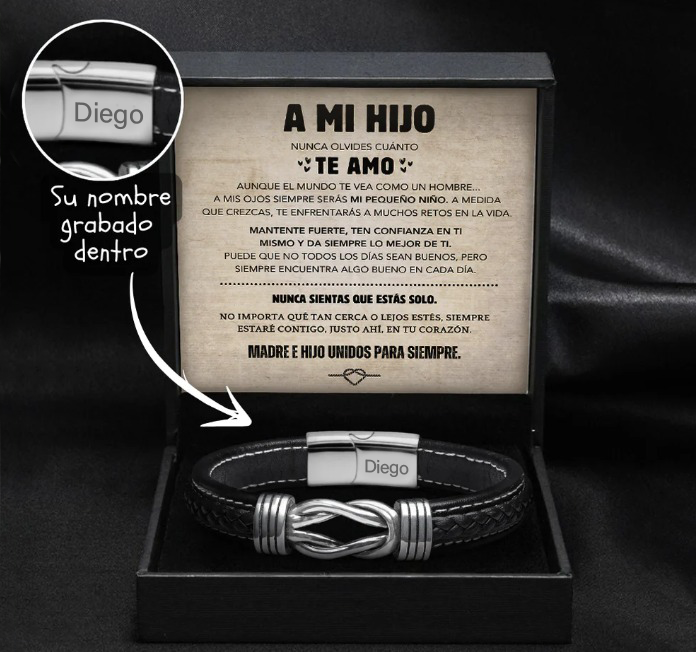 Pulsera de nudo infinito para hijo con nombre grabado en caja de regalo