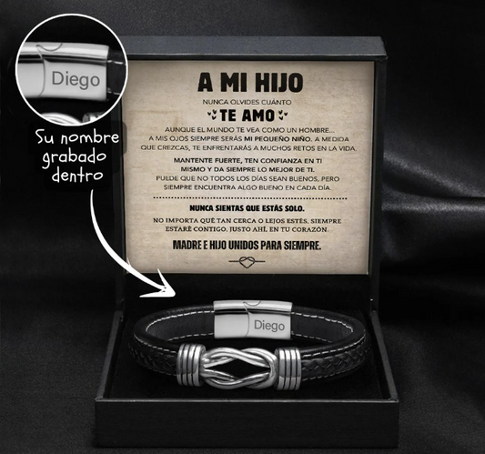 Pulsera de nudo infinito para hijo con nombre grabado en caja de regalo