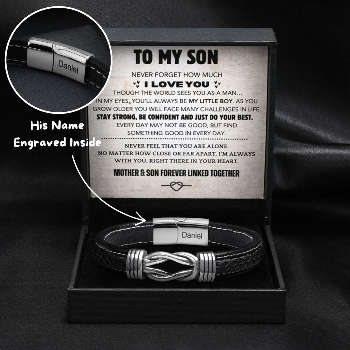 Son's infinity knot bracelet with engraved name in gift box with message card