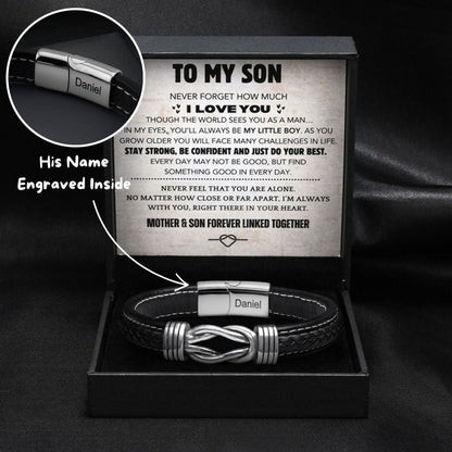 Son's infinity knot bracelet with engraved name in gift box with message card