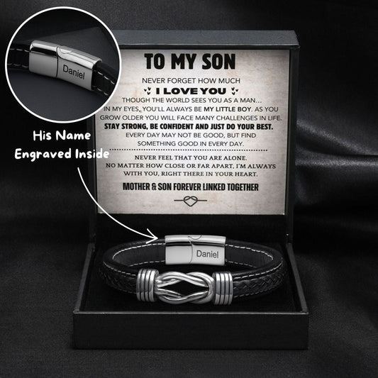 Son's infinity knot bracelet with engraved name in gift box with message card