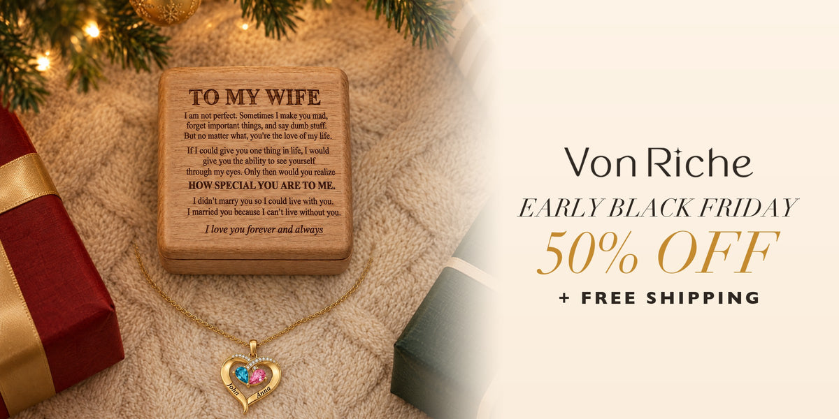 Early Black Friday, 50% off + free shipping: engraved oak box To My Wife and gold heart necklace under the Christmas tree