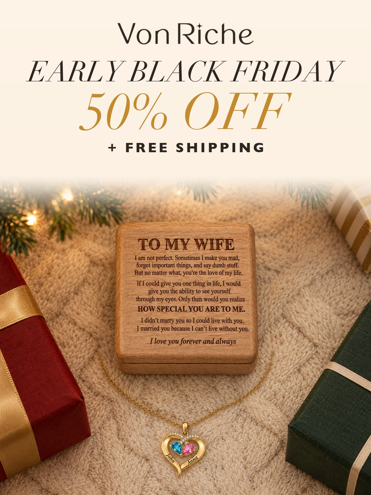 Early Black Friday, 50% off + free shipping: engraved oak box To My Wife and gold heart necklace under the Christmas tree