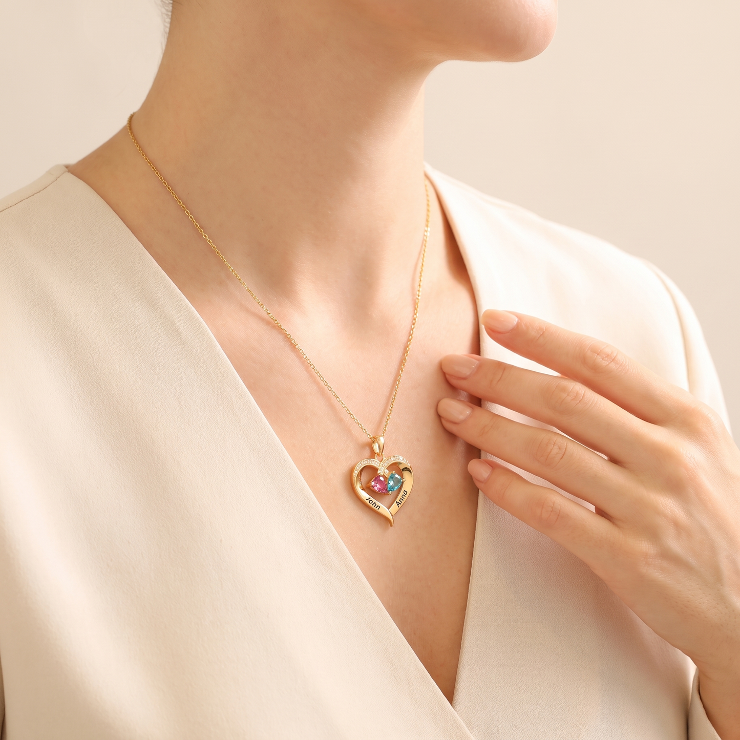 Always Yours birthstone heart necklace worn side view