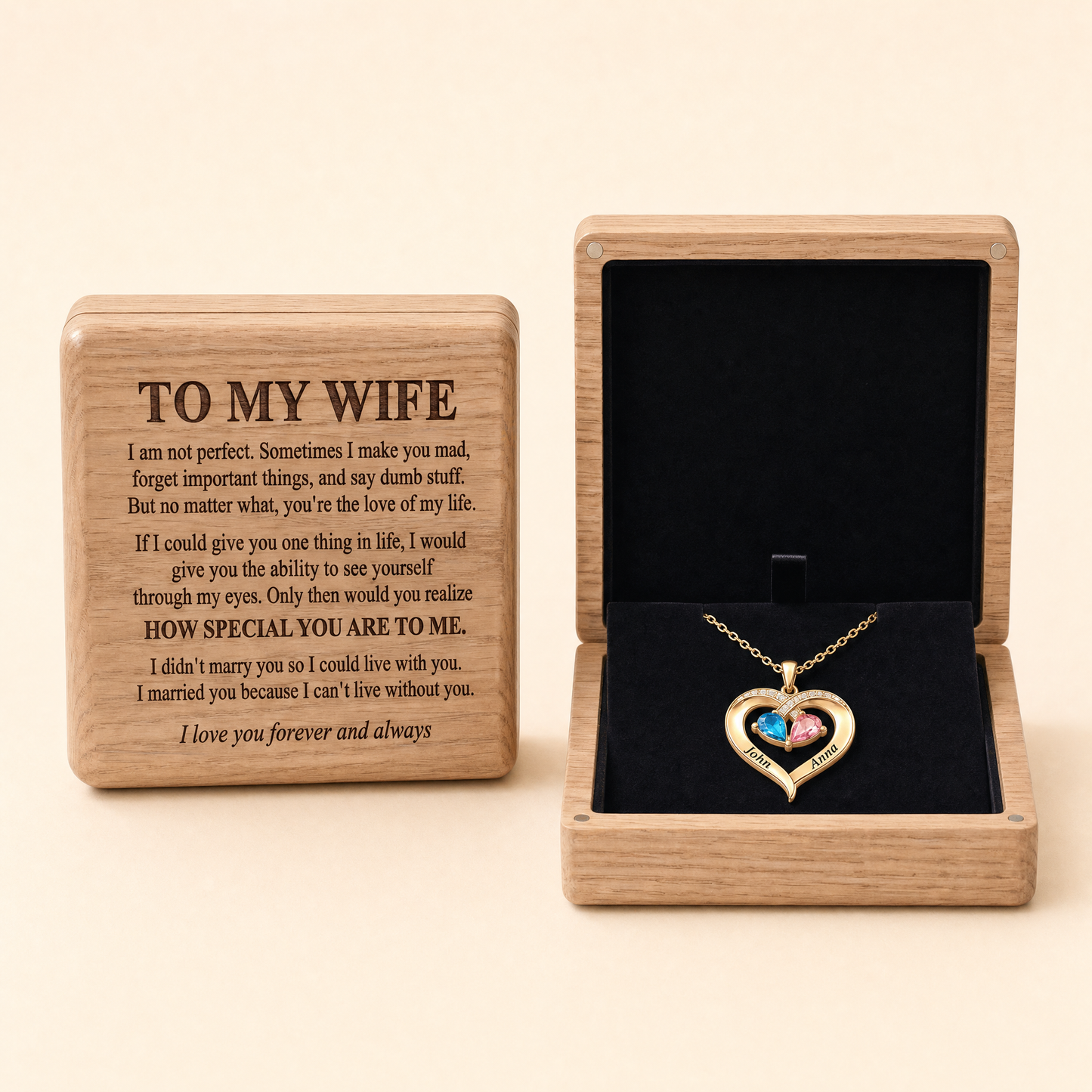 To My Wife birthstone heart necklace with engraved oak box