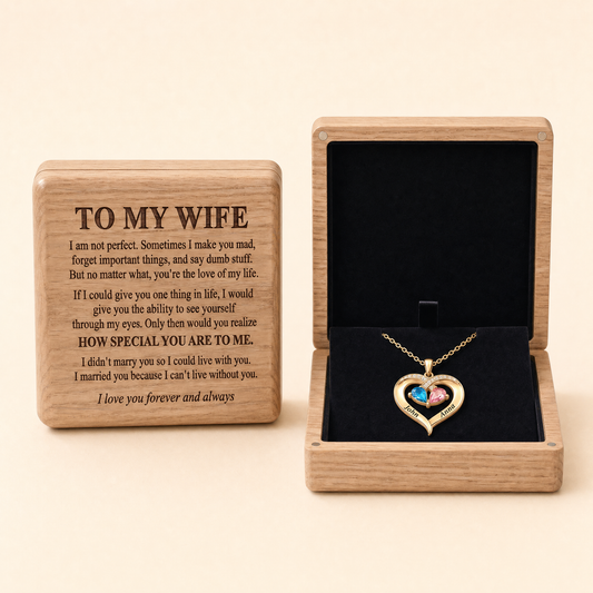 To My Wife birthstone heart necklace with engraved oak box