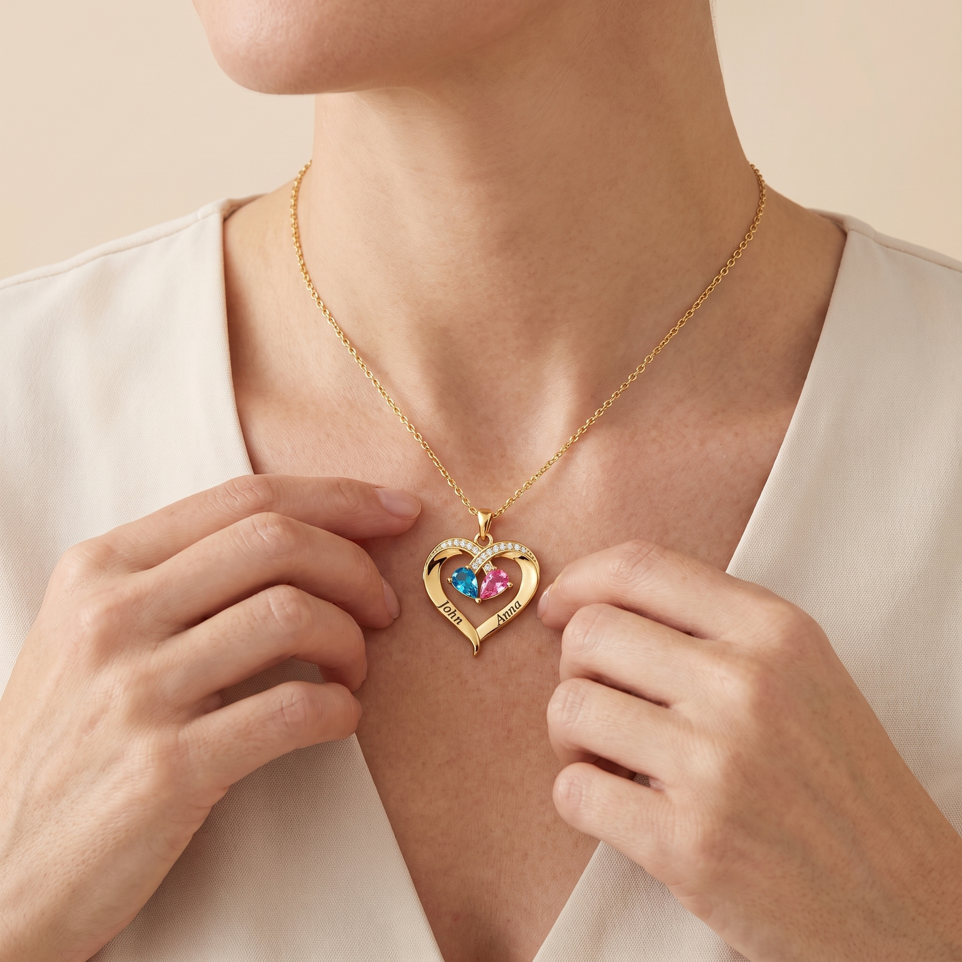 To My Wife birthstone heart necklace worn
