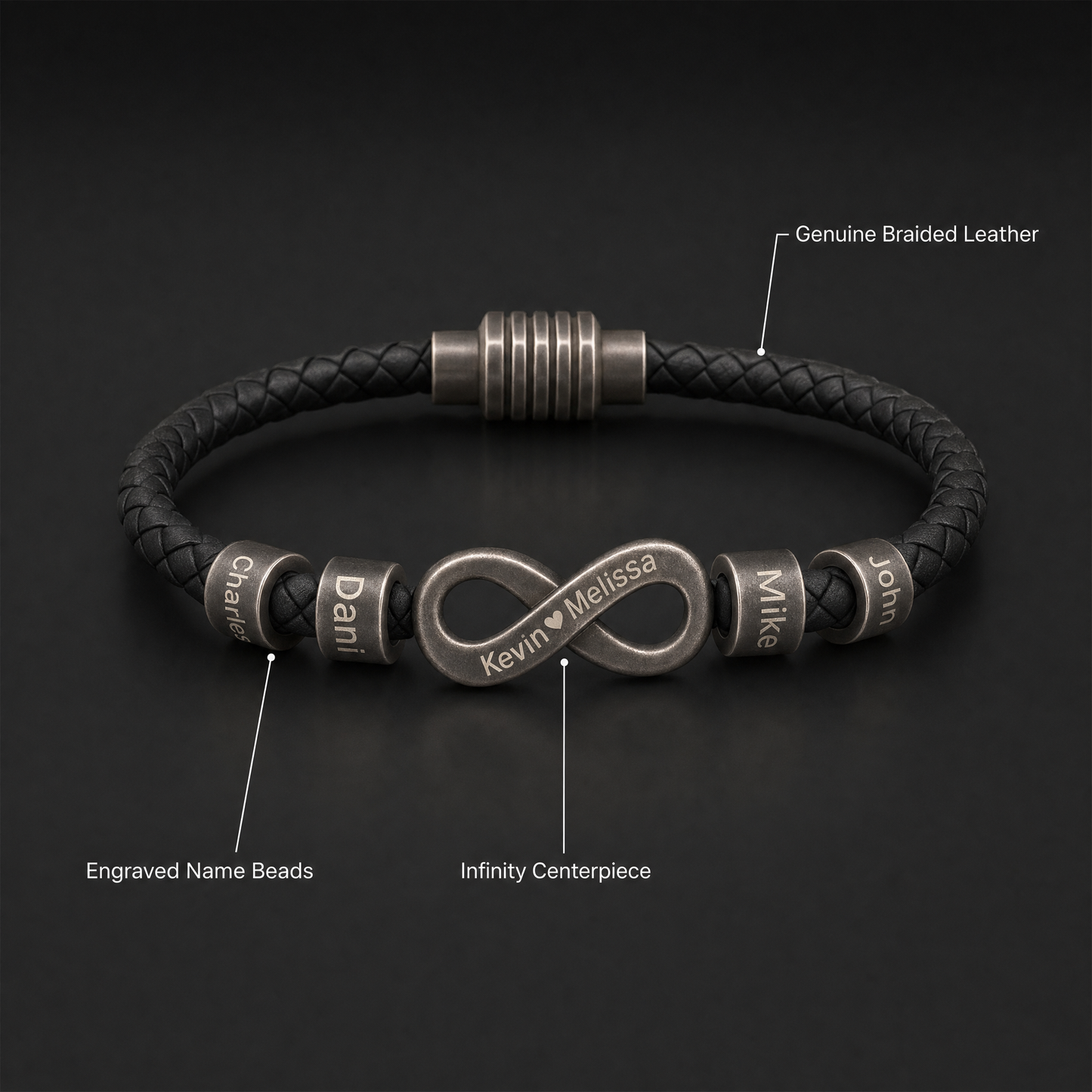 Men's infinity name bracelet features