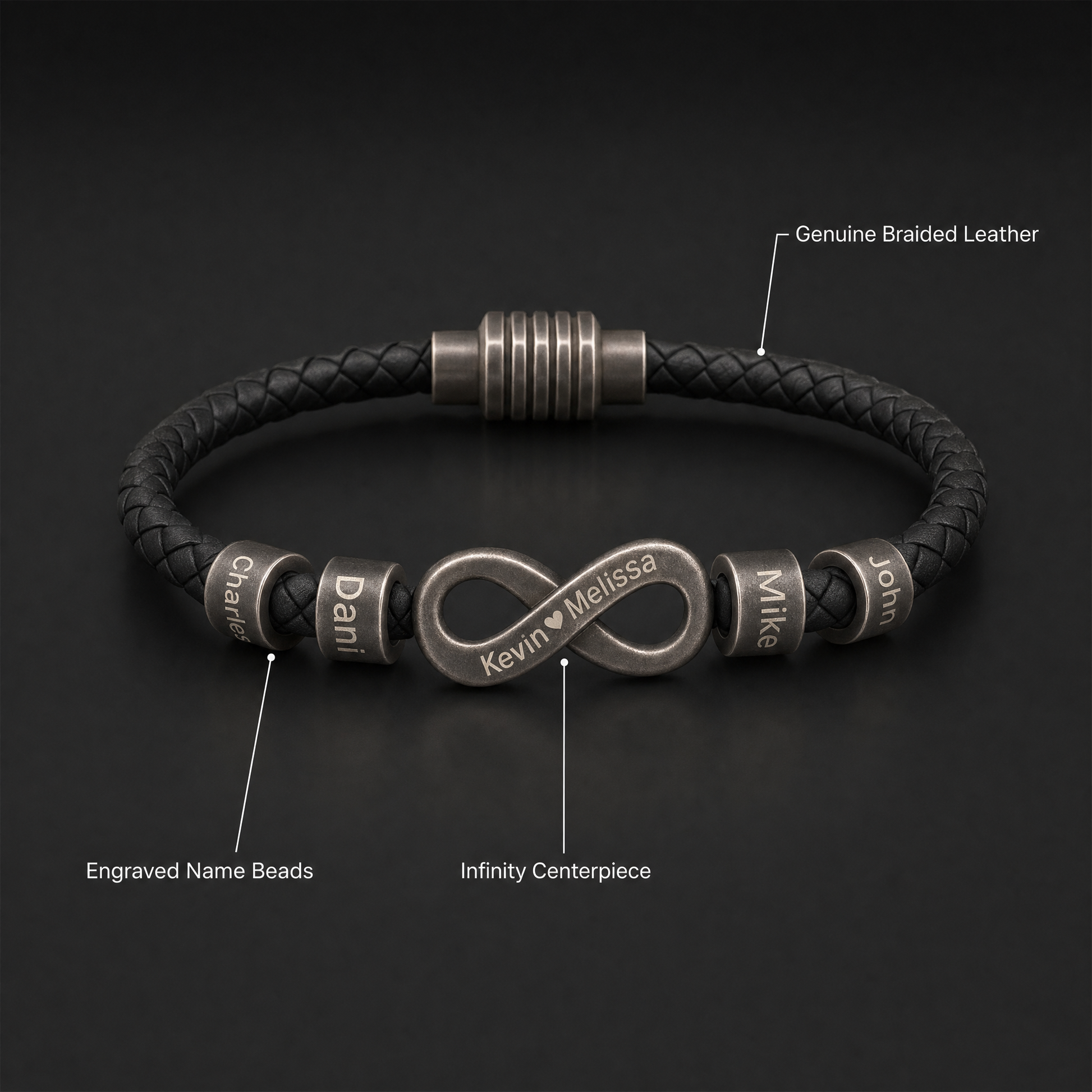 Men's infinity name bracelet features