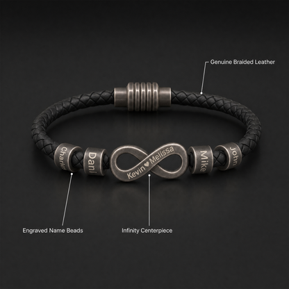 Men's infinity name bracelet features