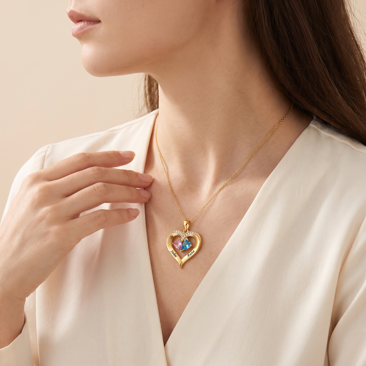 Always Yours birthstone heart necklace worn side view