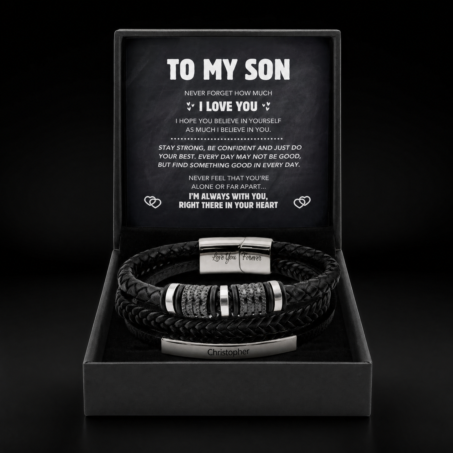 Forever Connected son's customized bracelet in gift box