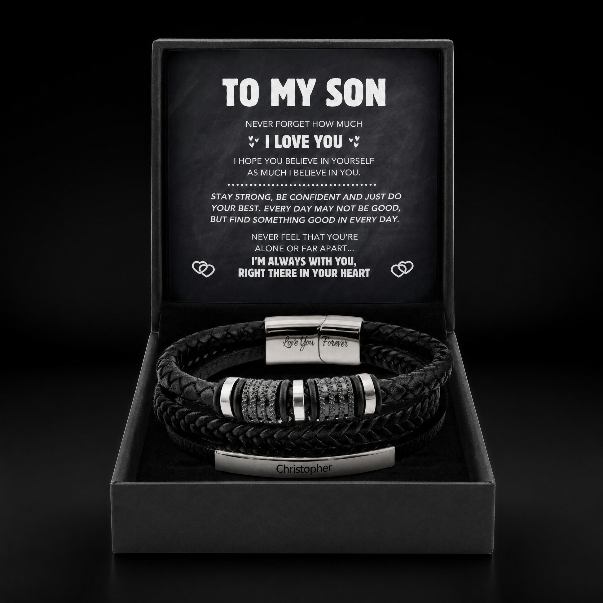 Forever Connected son's customized bracelet in gift box