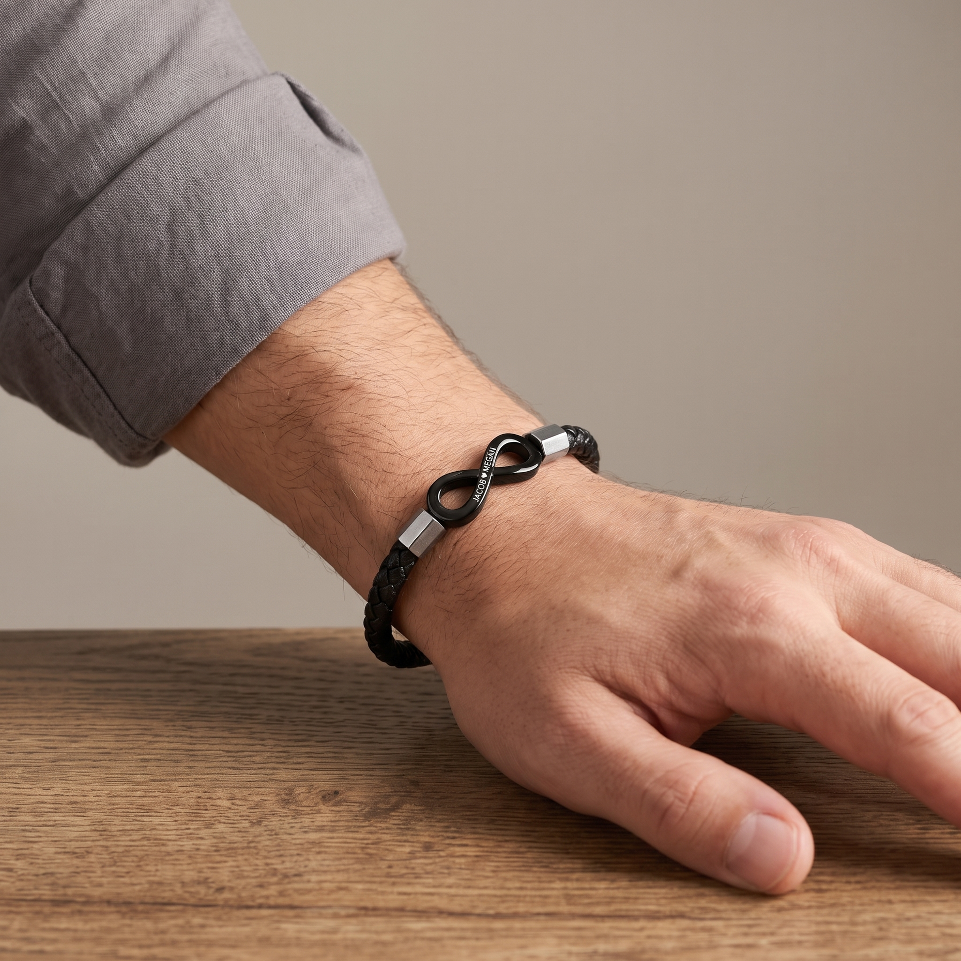 To My Man infinity bracelet worn detail