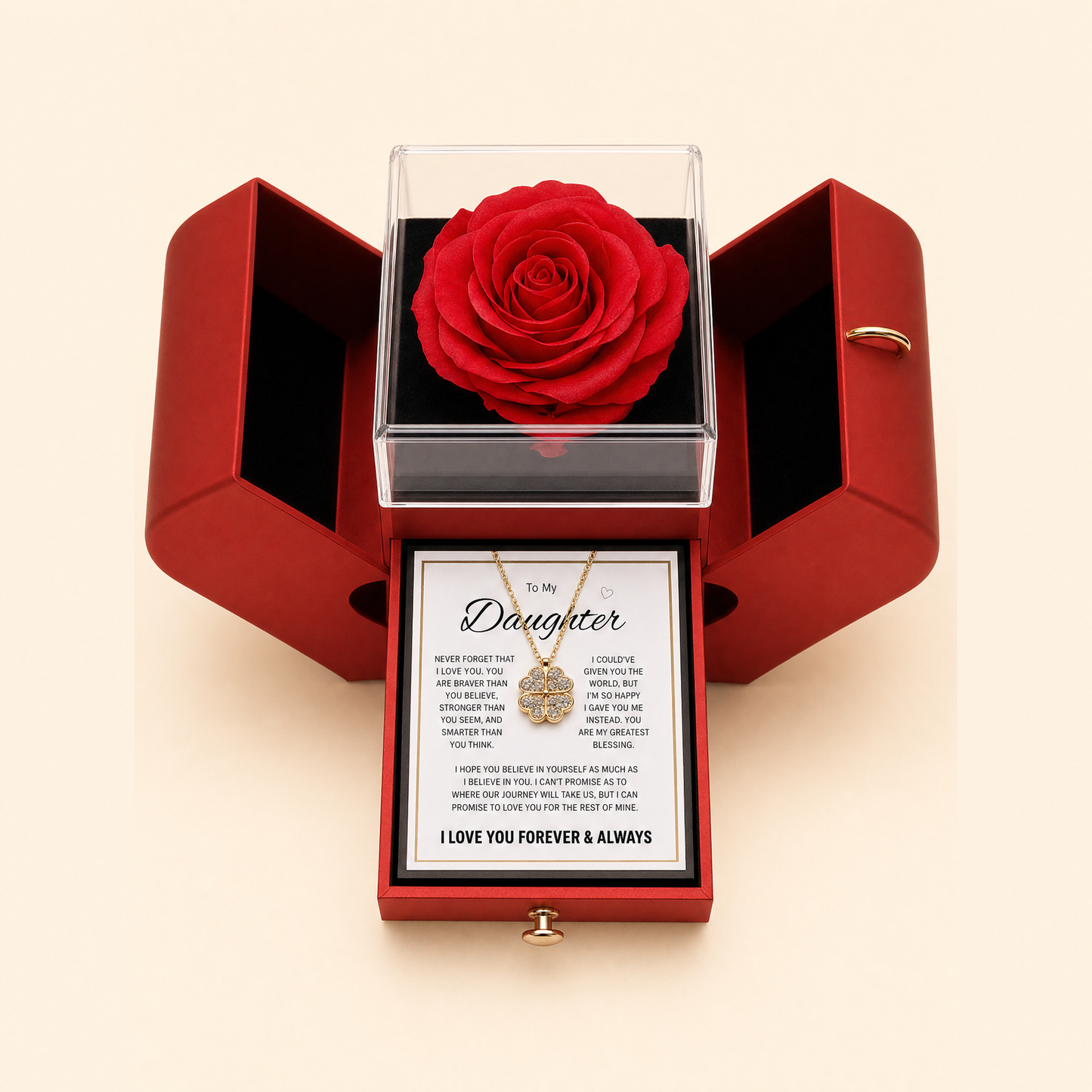 Daughter's four-leaf clover lucky charm necklace with forever rose gift box