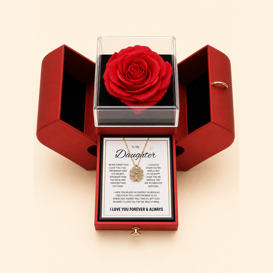 Daughter's four-leaf clover lucky charm necklace with forever rose gift box