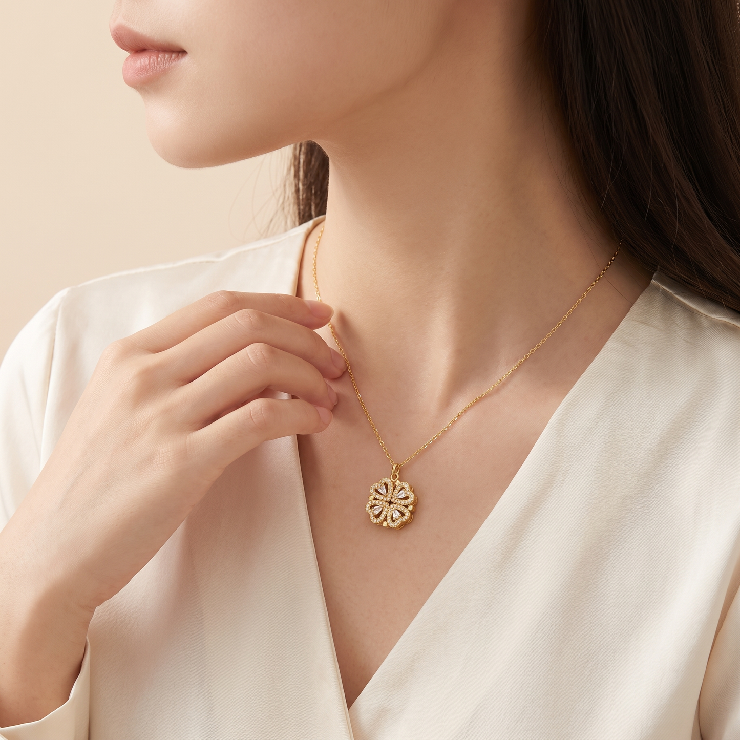 Four-leaf clover necklace worn side view