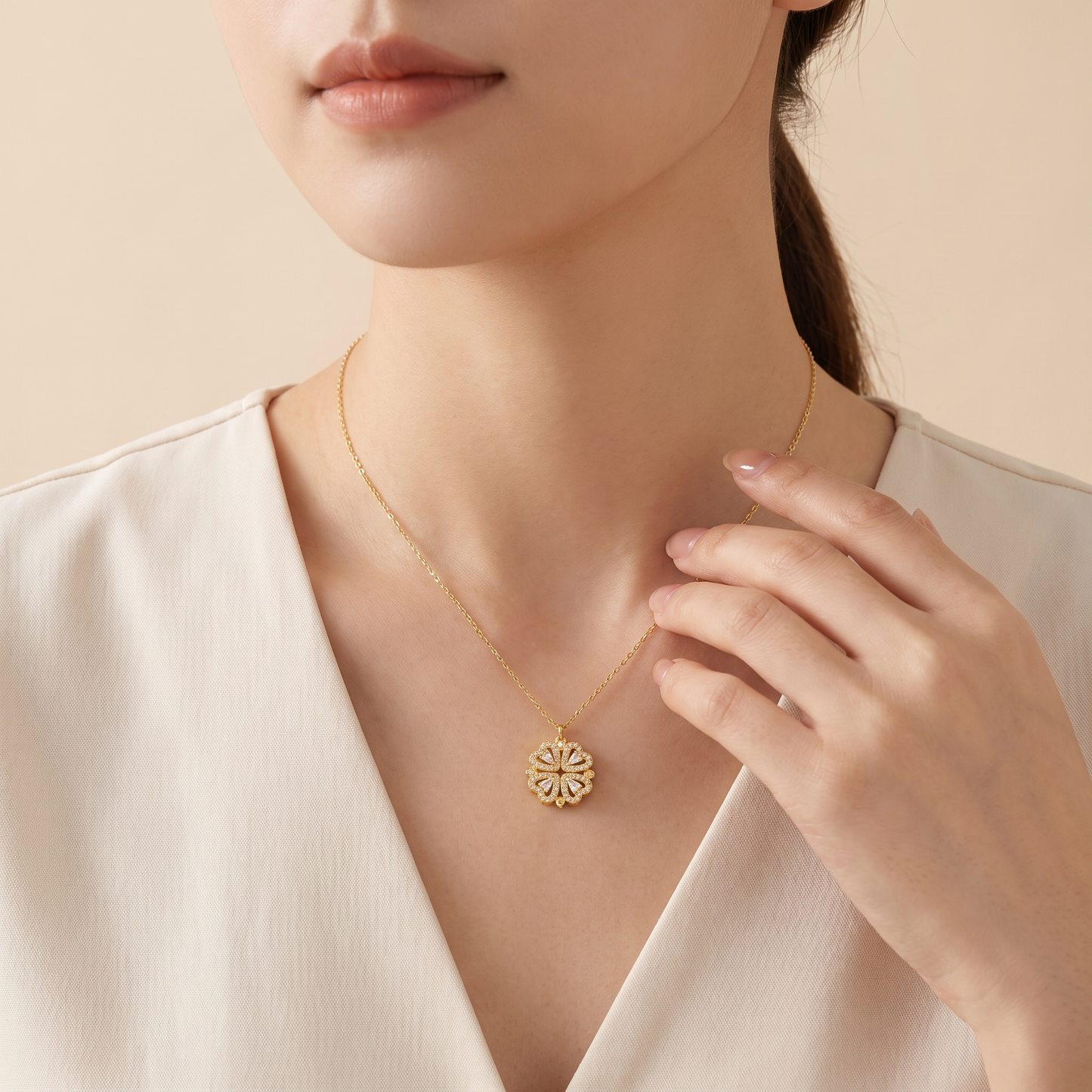 Four-leaf clover necklace worn