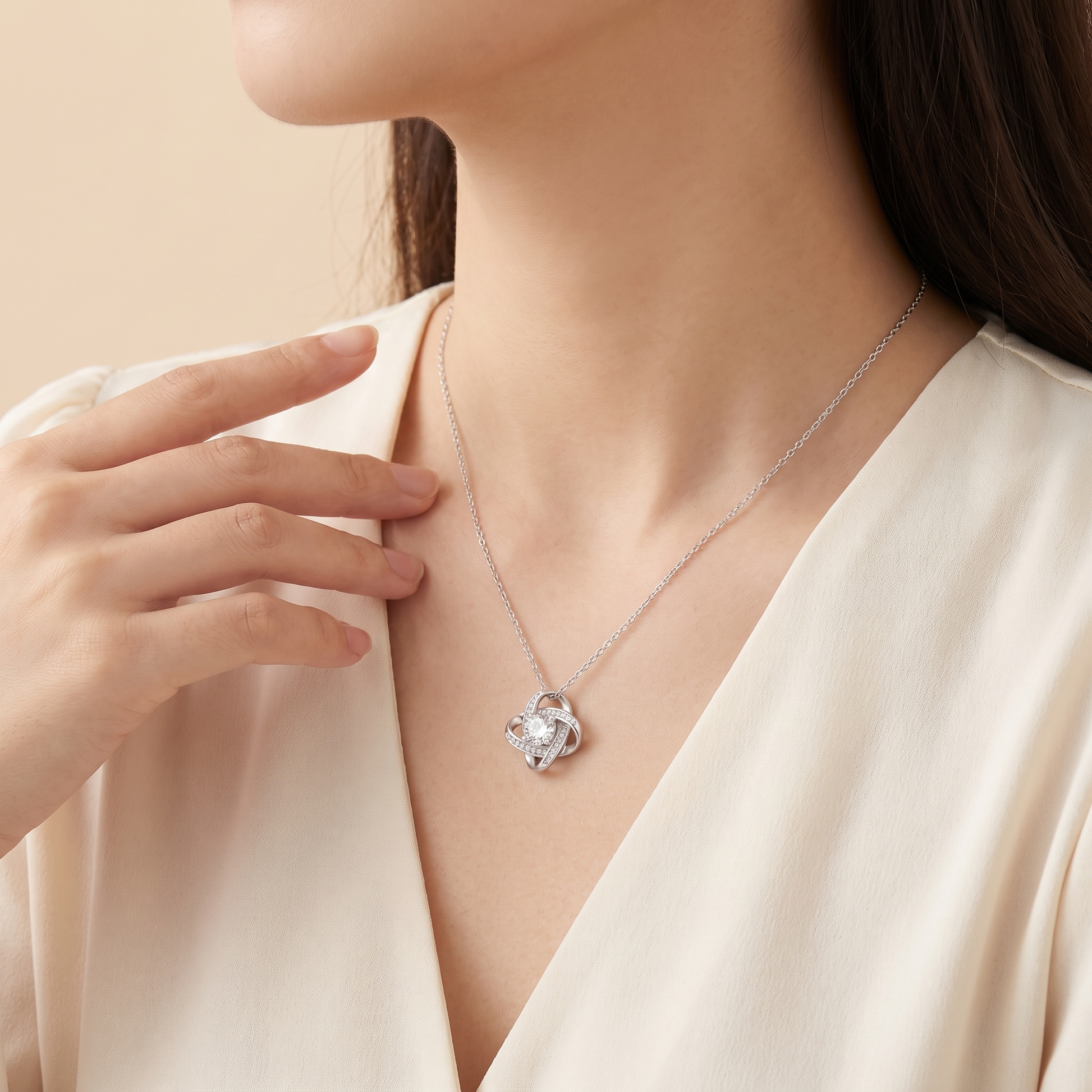 Forever Love Knot necklace worn side view