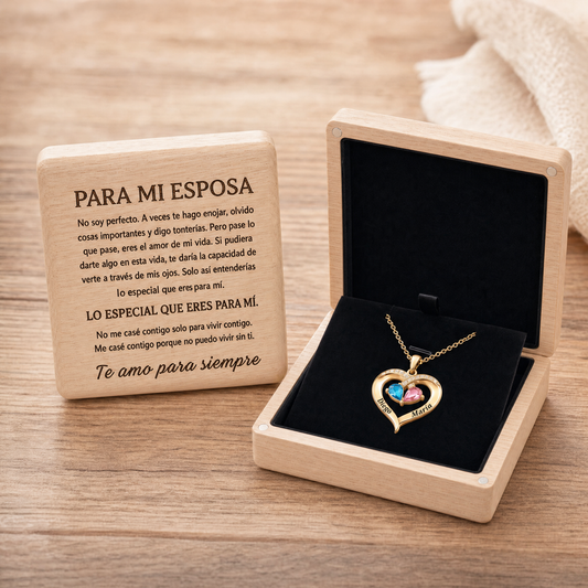 Collar de corazón Siempre Tuya en caja de madera grabada Para mi esposa