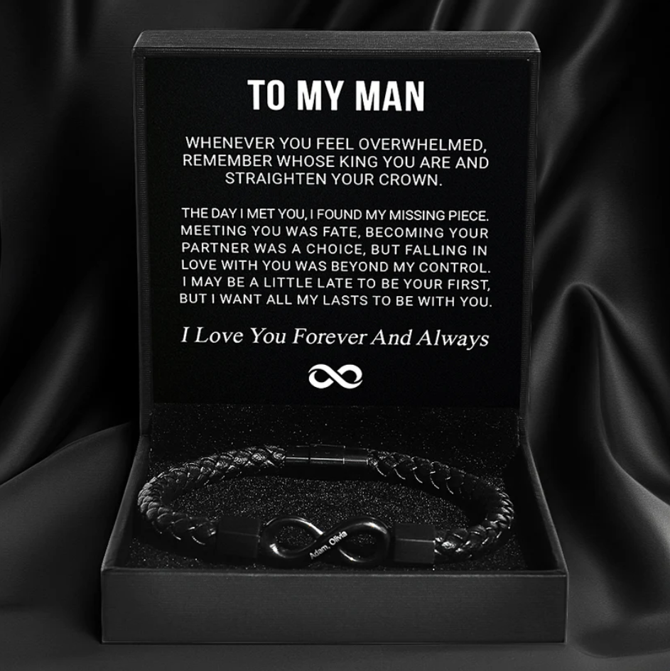 To My Man leather infinity bracelet engraved with couple's names