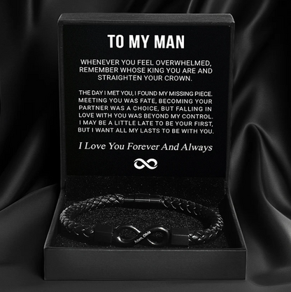 To My Man leather infinity bracelet engraved with couple's names