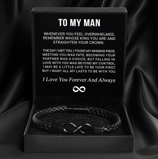 To My Man leather infinity bracelet engraved with couple's names