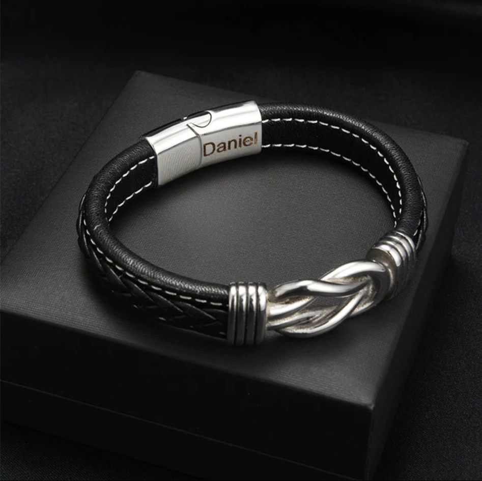 Son's infinity knot bracelet with engraved name in gift box with message card - view 3
