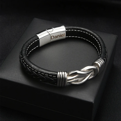 Son's infinity knot bracelet with engraved name in gift box with message card - view 3