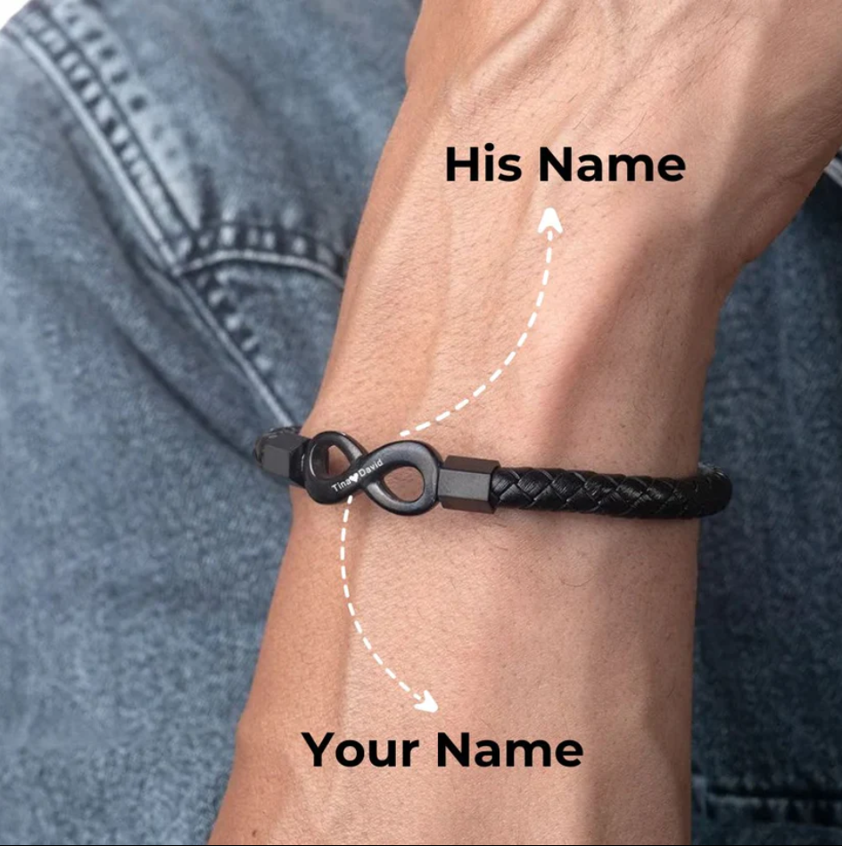 To My Man leather infinity bracelet engraved with couple's names - view 4
