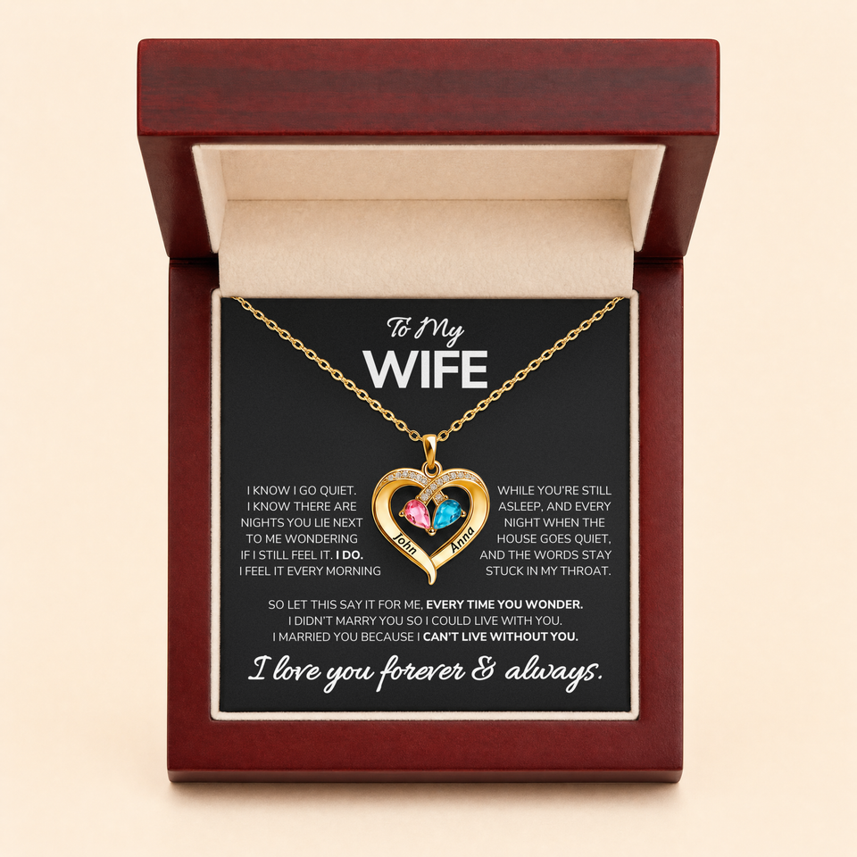 Birthstone heart necklace in the light-up gift box with the Every Time You Wonder message card