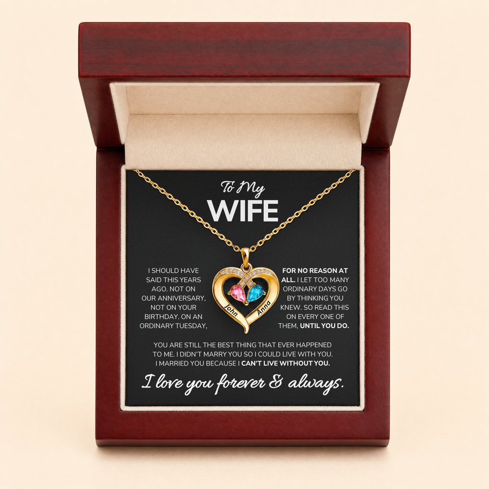 Birthstone heart necklace in the light-up gift box with the Years Ago message card