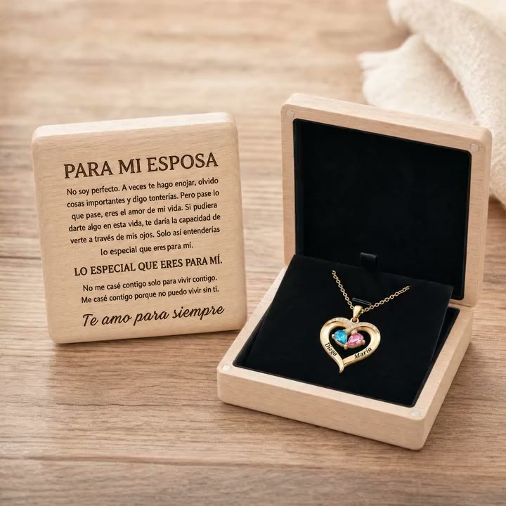 Collar de corazón Siempre Tuya en caja de madera grabada Para mi esposa